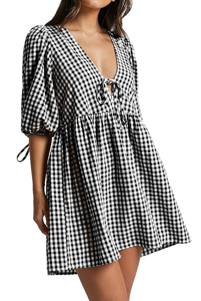 Women's Gingham Puff Sleeve Tie Front Babydoll Mini Dress | Amazon (US)