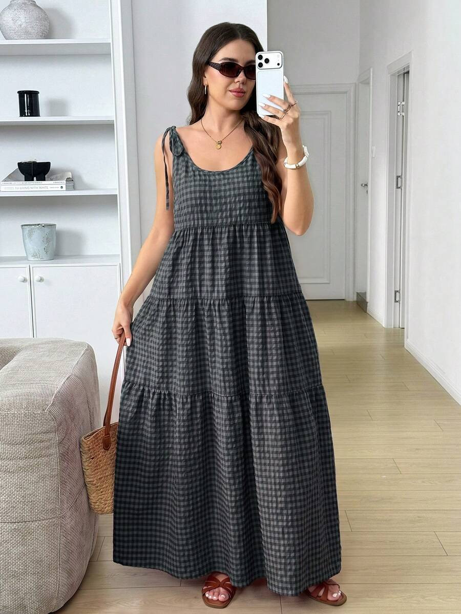 SHEIN LUNE Plus Size Vacation Casual Plaid Sleeveless Dress | SHEIN