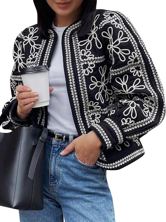 Women's Quilted Lightweight Jackets Floral Print Barn Jacket Open Front Puffer Coat Outwear | Amazon (US)