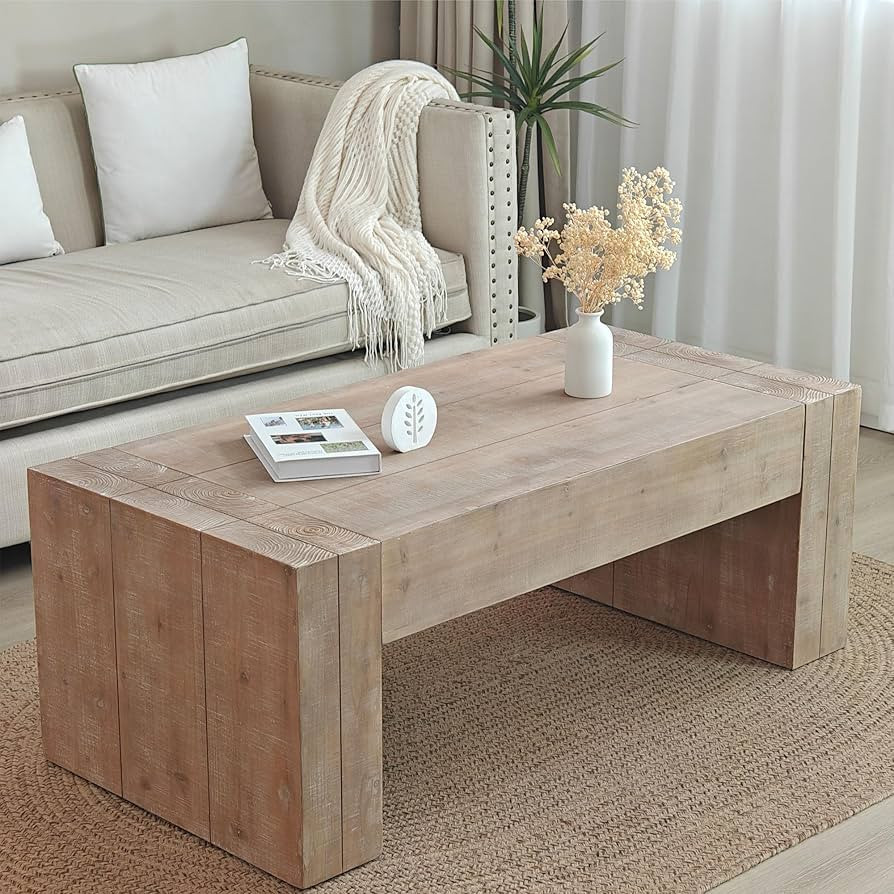 KEIKI Modern Farmhouse Coffee Table, Natural Wood Living Room Tea Table with Thick Top Design, Na... | Amazon (US)