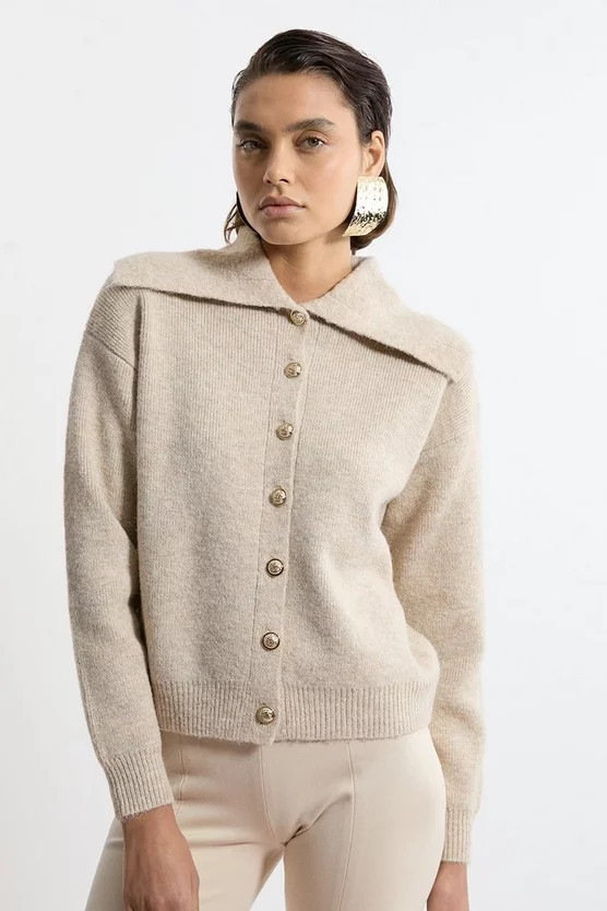 Wool Blend Cosy Knit Fly Collar Boxy Cardi | Karen Millen UK + IE + DE + NL