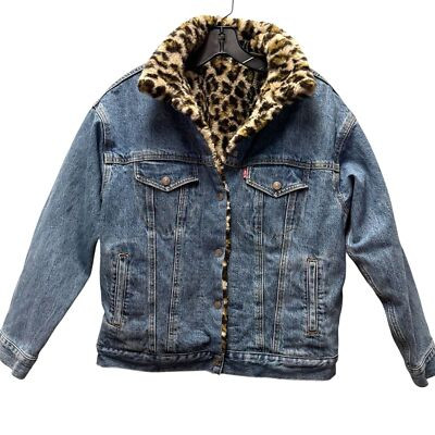 Levi's Women's Reversible Dad Trucker Jacket Medium Denim Leopard Print Faux Fur | eBay US