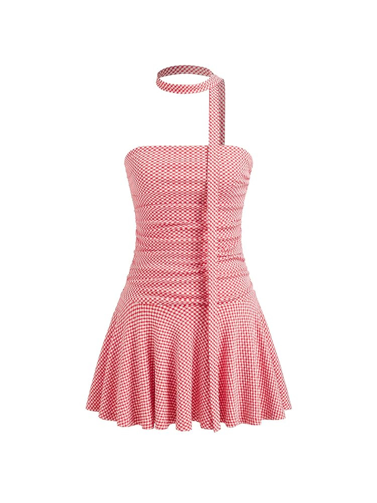 Amazon.com: CIDER Summer Mini Dress for Women Gingham Ruched Ruffle Tube Dress with Scarf Bandeau... | Amazon (US)