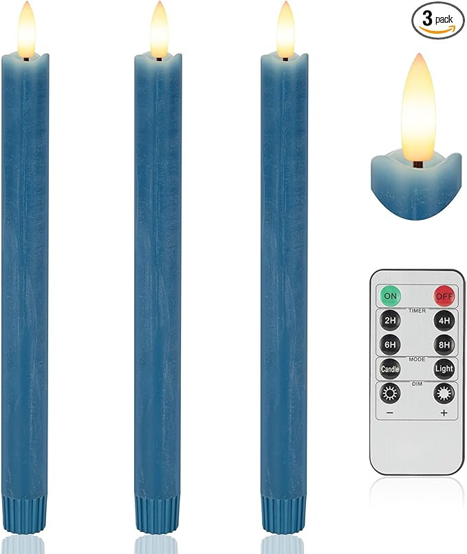 Blue Flameless Taper Candles with Rmote, 9.6" Real Wax Battery Operated Candles with 3D Wick, 3 P... | Amazon (US)