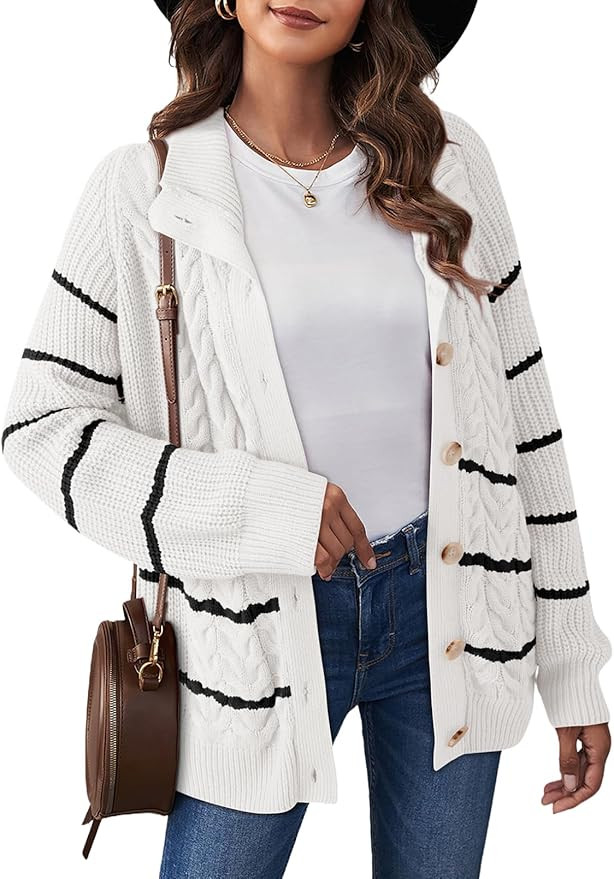 Dokotoo Women's 2024 Fall Long Sleeve Striped Sweater Open Front Chunky Cable Knit Cardigans Swea... | Amazon (US)