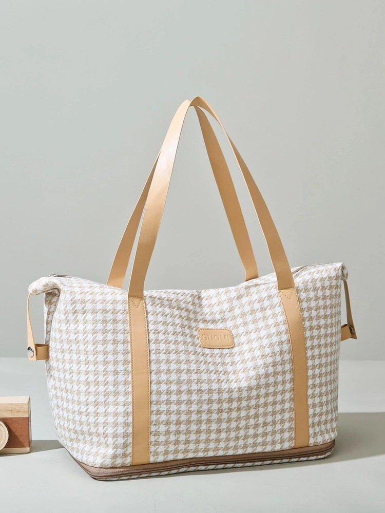 Houndstooth Pattern Letter Patch Decor Travel Bag | SHEIN