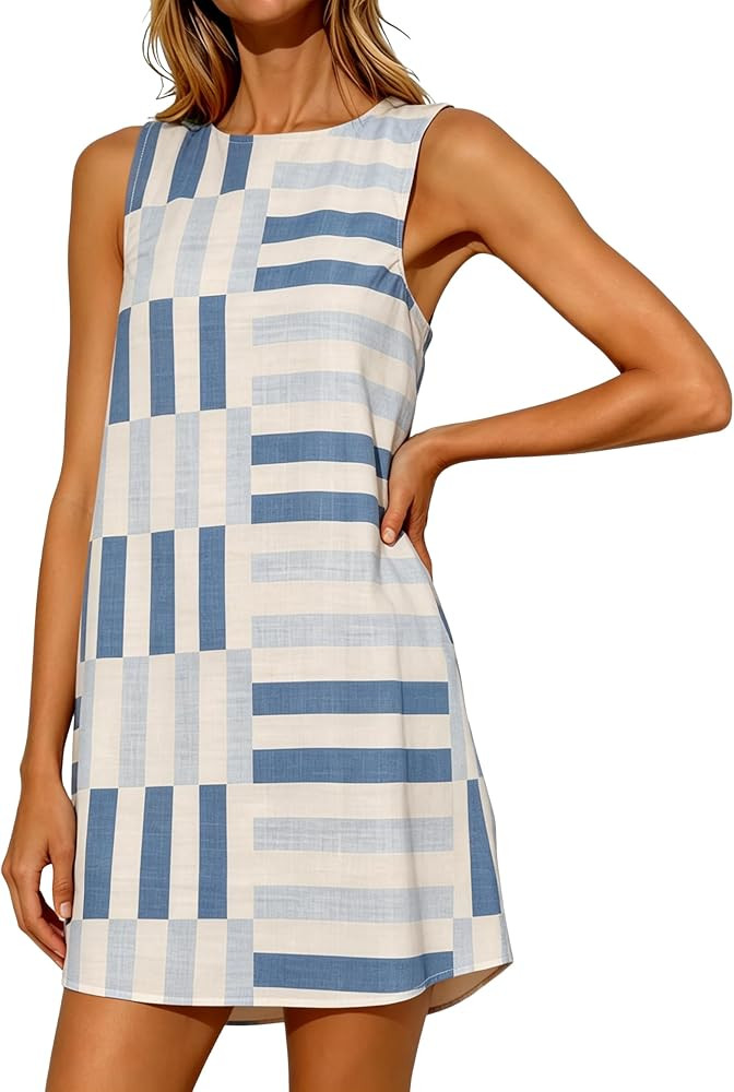 Women's Summer Boho A-Line Mini Dress Sleeveless Color Block Sundress Casual Beach Coverup Dress | Amazon (US)