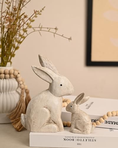 WONDROUS' DECO Easter Bunny Decor Wooden Vintage Bunnies Figurines, Small Decorative Bunny Statue Set of 2, Easter Rabbit Table Decor, Farmhouse Easter Decorations Indoor, Home Decor, Gift | Amazon (US)
