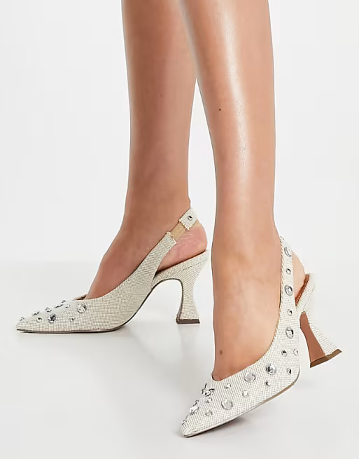 ASOS DESIGN Santino embellished slingback mid heeled shoes in natural | ASOS | ASOS (Global)