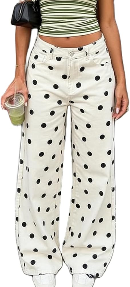 XBTCLXEBCO Polka Dot Jeans Women Y2K Print High Waisted Wide Leg Denim Pants Vintage Stretchy Boy... | Amazon (US)