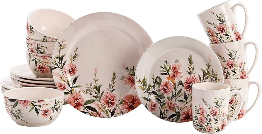 Bico Pink Dandelion Ceramic 16 pcs Dinnerware Set, Service for 4, Inclusive of 11 inch Dinner Pla... | Amazon (US)