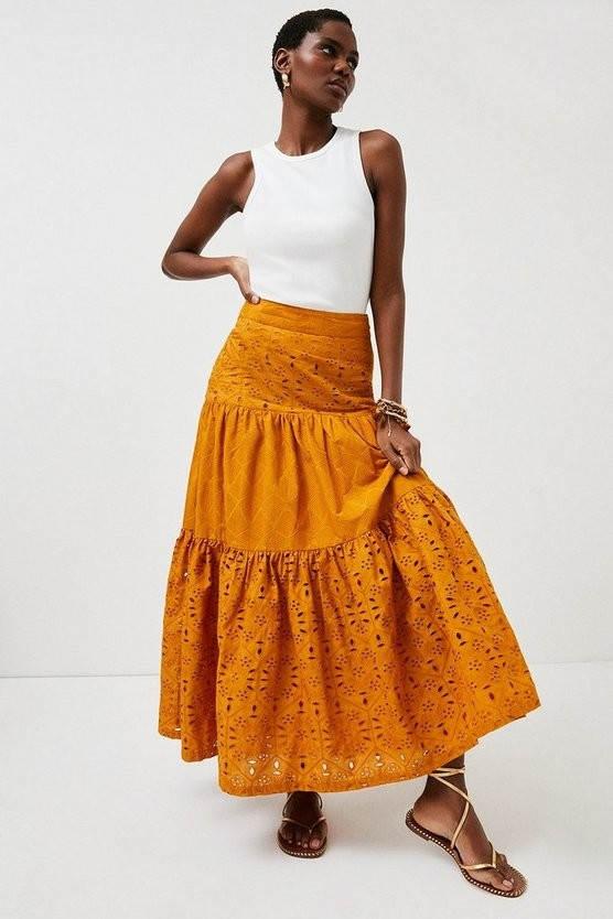 Mixed Broderie Tiered Woven Maxi Skirt | Karen Millen UK & IE