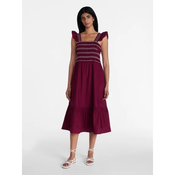 Time and Tru Women's Smocked Bodice Midi Dress, Sizes XS - 4X | Walmart (US)