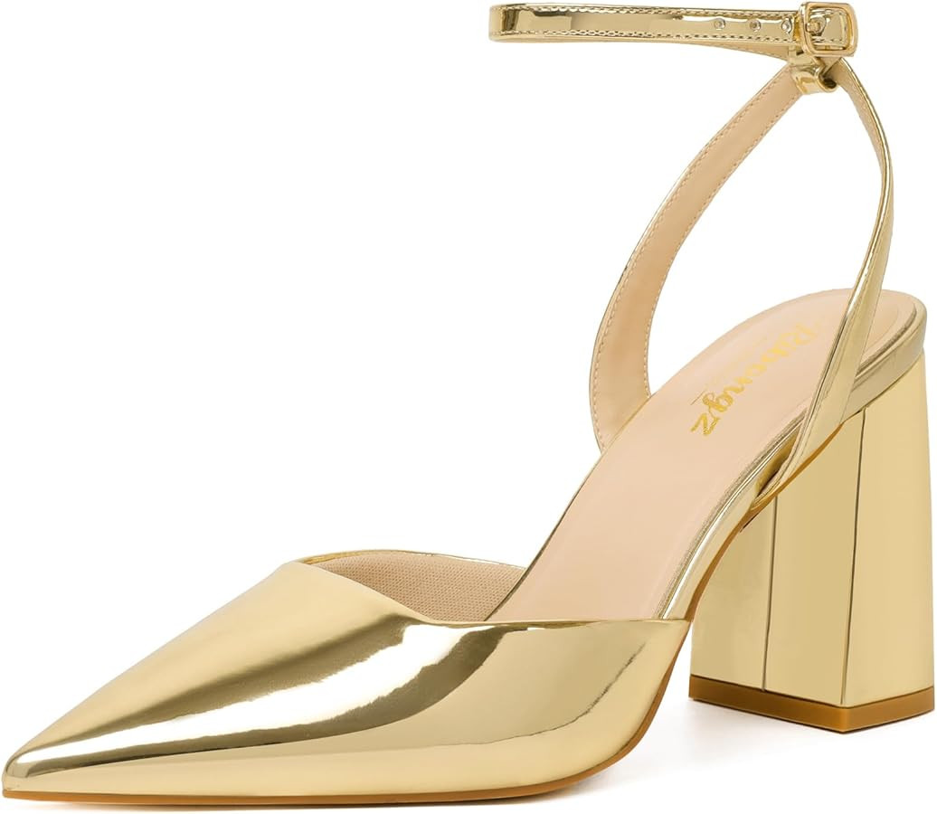 RIBONGZ Block Heels for Women Closed Pointed Toe Heeled Slingback Chunky High Heel Ankle Strap Pu... | Amazon (US)