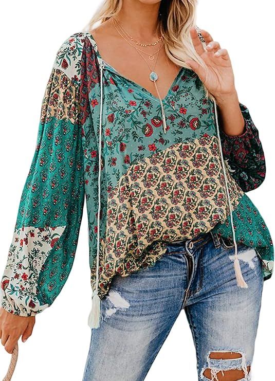 Tiksawon Women's Floral Print V Neck Long Sleeve Shirts Tops Casual Loose Boho Blouses | Amazon (US)
