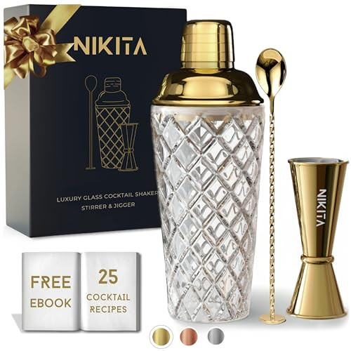 Gold Cocktail Shaker Set - Glass Cocktail Shaker Set - Matching Measuring Jigger and Bar Spoon with Muddler - Gold Drink Shaker with Strainer - 5 pcs - Luxury Gift Box (Gold) | Amazon (US)