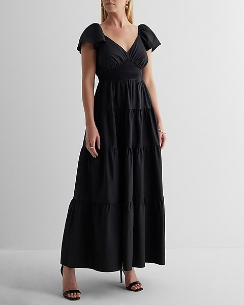 V-Neck Flutter Sleeve Tiered Maxi Dress | Express