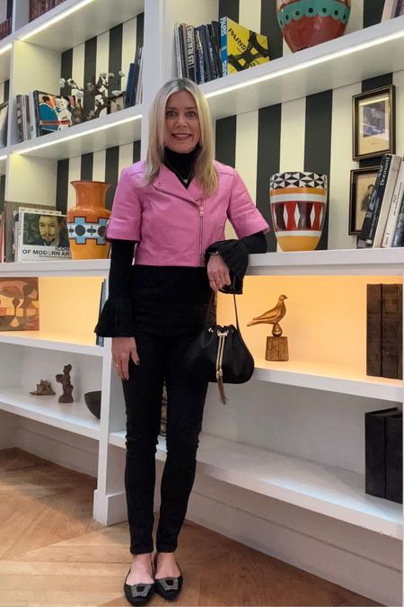 Paris trip…this pink leather jacket got so many compliments. Styled with black to contrast & stand out. Wore with a fur trim scarf and embellished black gloves. Perfect look to shop & café hop while in Paris. Easy to style with a little black dress too.

#LTKtravel #LTKMostLoved #LTKSeasonal