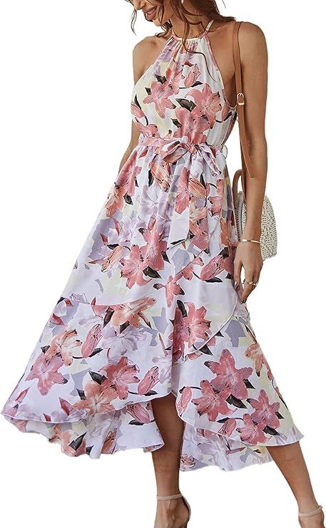 Fesier Women's Casual Sleeveless Halter Neck Floral Print Split Long Maxi Dress Loose Ruffle Beac... | Amazon (US)