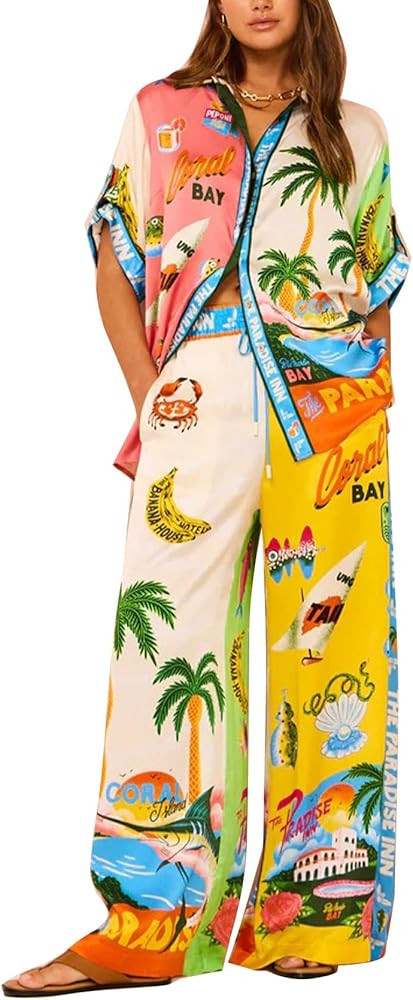 2 Piece Outfits for Women Short Sleeve Button Down Shirt Top Wide Leg Pants Sets Boho Print Pajam... | Amazon (US)