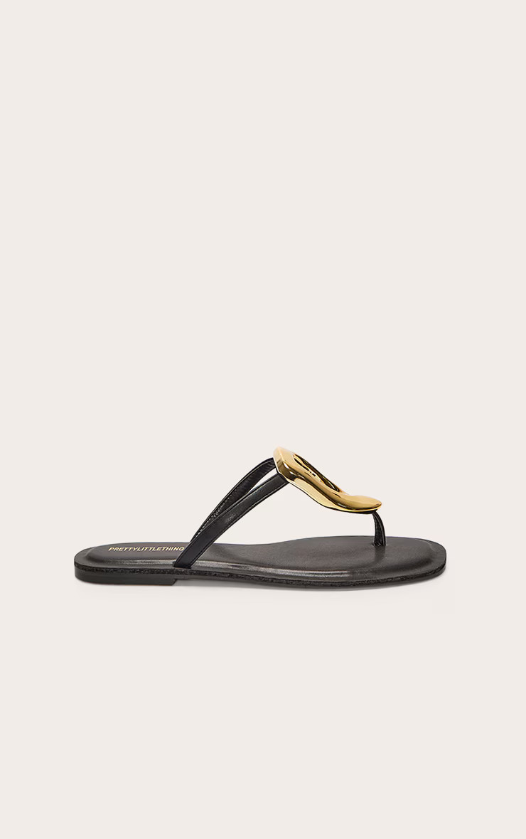 Black Pu Square Toe Thong Trim Detail Resin Sole Flat Sandals | PrettyLittleThing UK