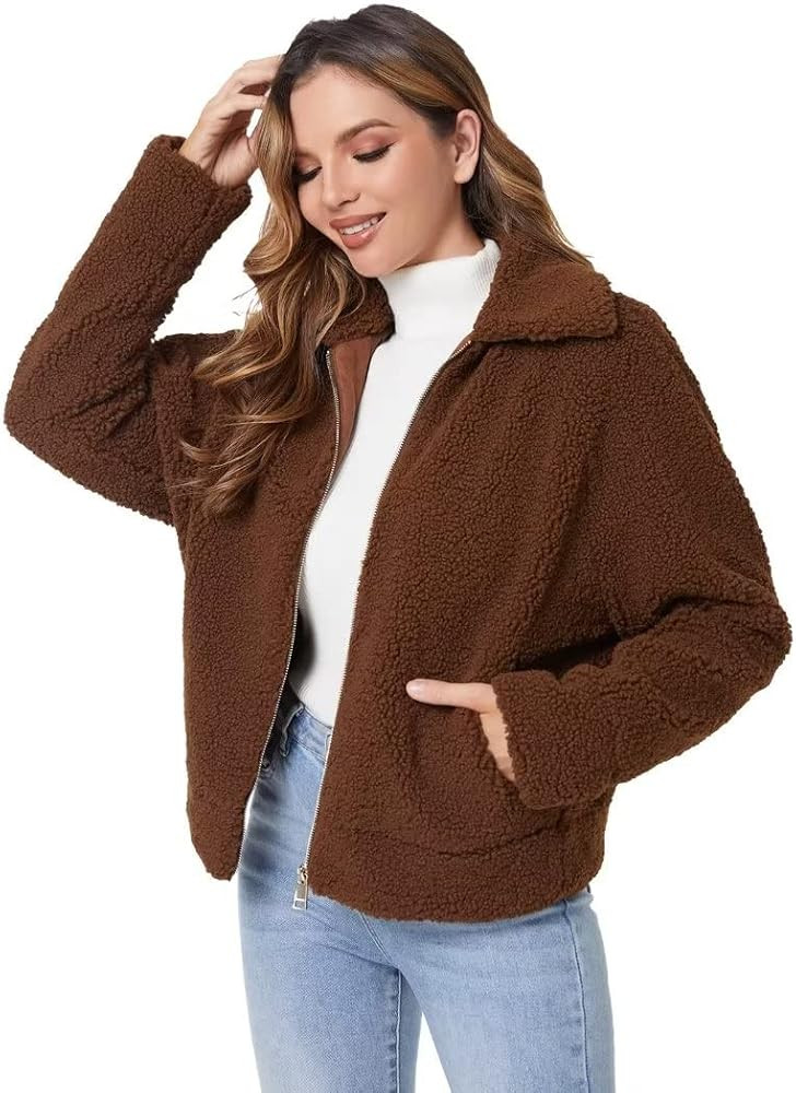 DIASHINY Faux Fur Zipper Coats Women Casual Lapel Fleece Warm Winter Oversized Outwear Jackets | Amazon (US)
