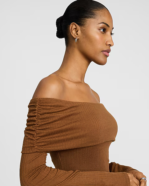 Ribbed Off The Shoulder Long Sleeve Maxi Sweater Dress | Express