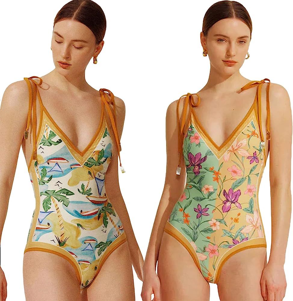 WREWING Women Floral Print Reversible Swimwear, Spaghetti Strap 1 Piece Swimsuit, V Neck Bathing ... | Amazon (US)