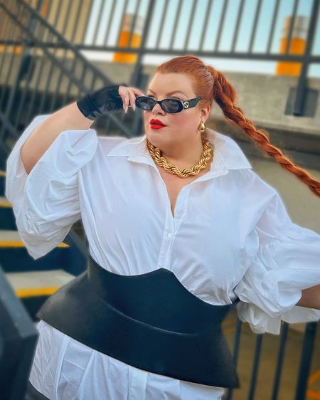 Plus size shirt dress and black leather corset belt 

#LTKPlusSize #LTKMidsize