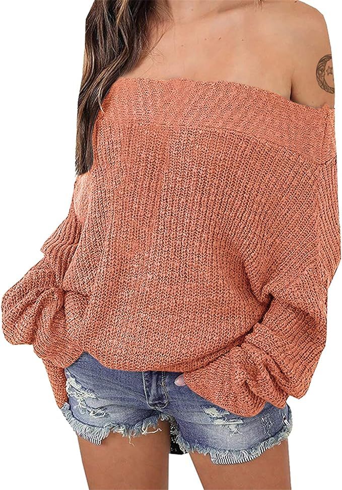 Exlura Women's Off Shoulder Sweater Batwing Sleeve Loose Oversized Pullover Knit Jumper | Amazon (US)