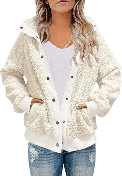 MEROKEETY Womens Winter Long Sleeve Button Sherpa Jacket Coat Pockets Warm Fleece | Amazon (US)