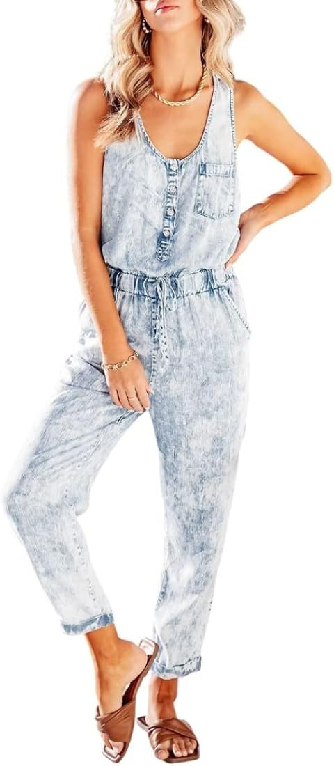 chouyatou Women's Denim Scoop Neck Sleeveless Drawstring Waist Jumpsuits Overall Rompers | Amazon (US)