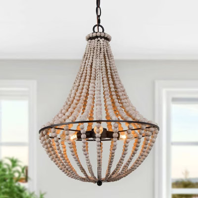 LNC  Timeless 15.5-in Beaded Teardrop Chandelier,3-Light Distressed Wood and White Beads, Farmhouse Coastal | Target