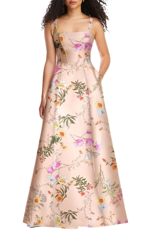 Alfred Sung Floral Corset Satin Gown in Butterfly Botanica-Pink Sand at Nordstrom, Size 0 | Nordstrom