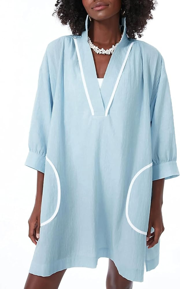 Ailoqing Swimsuit Coverup for Women V Neck 3/4 Sleeve Casual Shirt Dress with Pockets | Amazon (US)