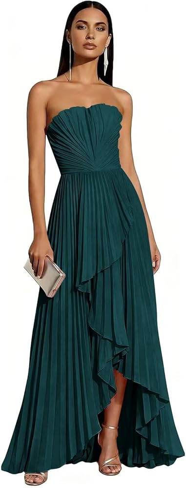 Strapless Bridesmaid Dresses for Women 2026 Pleated Satin Hi-Lo Formal Dress for Wedding Guest | Amazon (US)