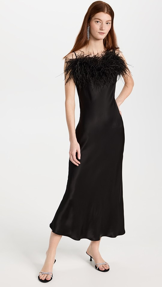Boheme Slip Dress with Feathers in Black | Shopbop