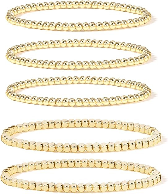 Gold Bead Bracelet for Women,14K Gold Plated Bead Ball Bracelet Stretchable Elastic Bracelet | Amazon (US)