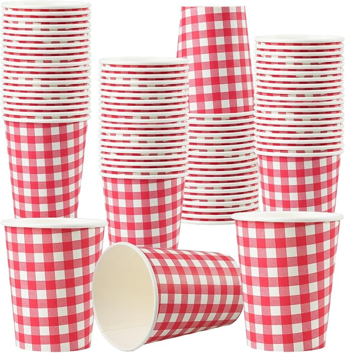 50 Pcs 8 oz Gingham Paper Cups, Disposable Gingham Cups, Red Checkered Cup for Hot Cold Beverage ... | Amazon (US)