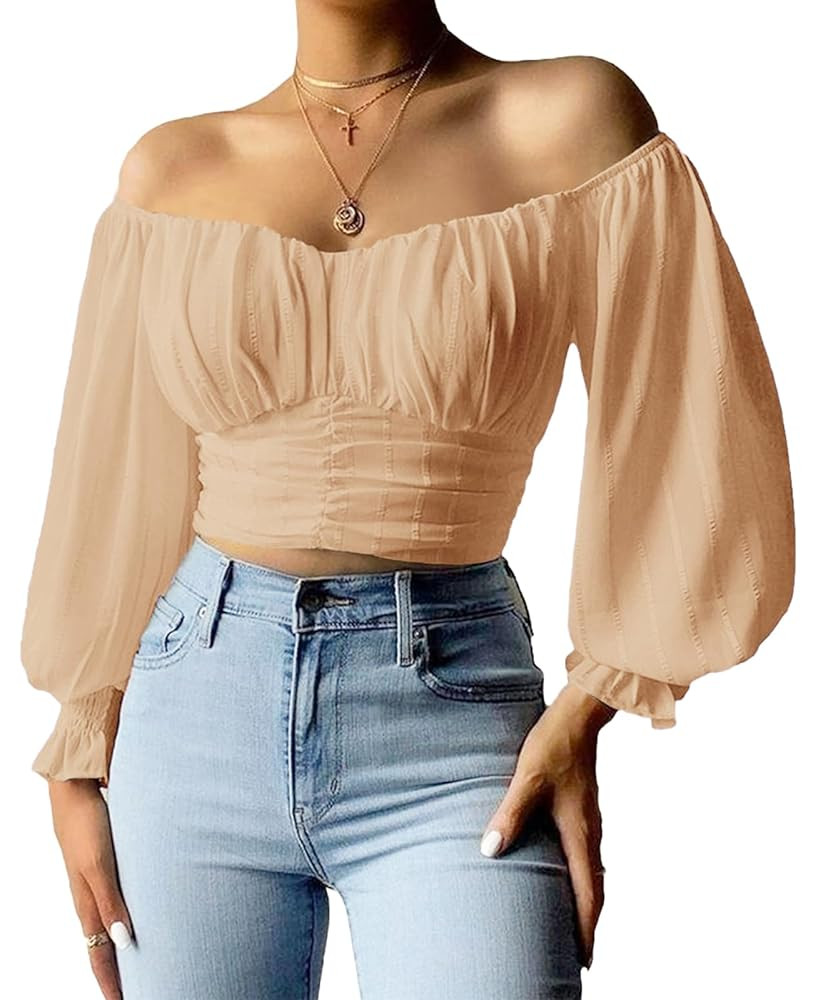 MIRACMODA Woman Off Shoulder Ruched Tie Back Lantern Sleeve Crop Tube Top Chiffon Blouse | Amazon (US)
