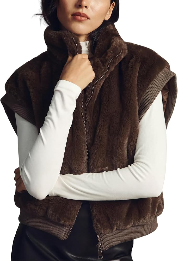 Dqbeng Womens Faux Fur Vest Zip Up Sleeveless Plush Jacket | Amazon (US)