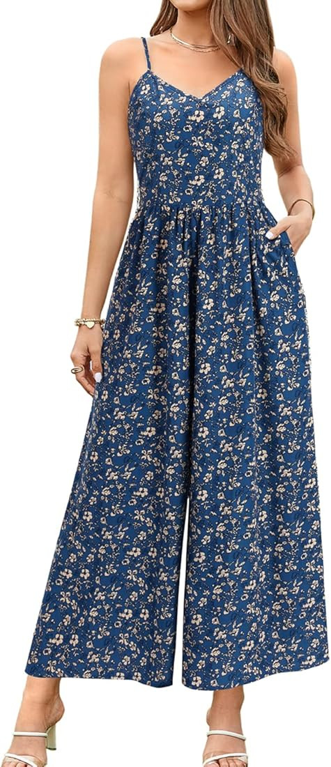 LAISHEN Wide Leg Jumpsuits for Women Casual 2023 Summer Floral Long Rompers Smocked Sleeveless Ju... | Amazon (US)