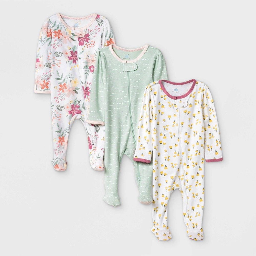 Baby Girls' 3pk Meadow Zip-Up Sleep N' Play - Cloud Island White/Mint/Yellow 3-6M | Target
