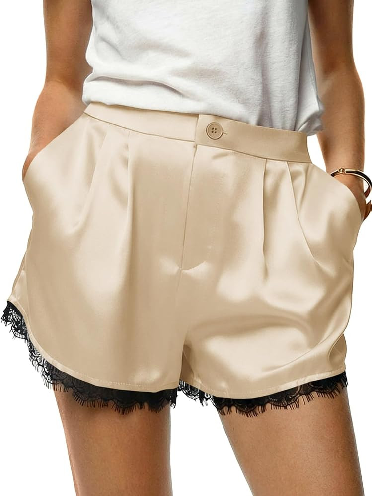 Tankaneo Womens Satin Silk Shorts High Waist Lace Lounge with Pockets | Amazon (US)