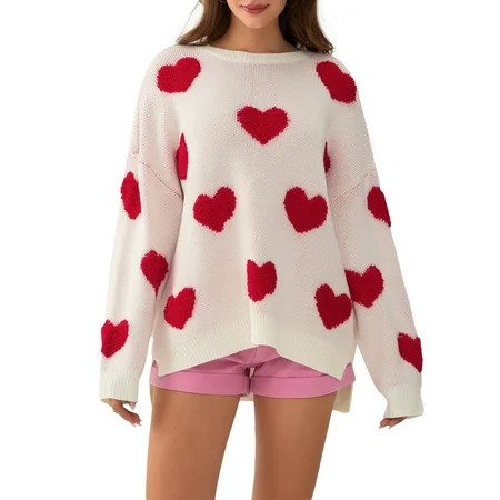 Xsylife Women s Sweet Heart Print Sweaters Oversized Cute Long Sleeve Round Neck Loose Pullovers Fall Winter Knit Jumper Tops | Walmart (US)