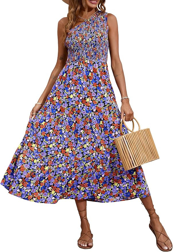 BTFBM Women One Shoulder Summer Dresses 2024 Sleeveless Casual High Waist Floral Flowy Beach Boho... | Amazon (US)