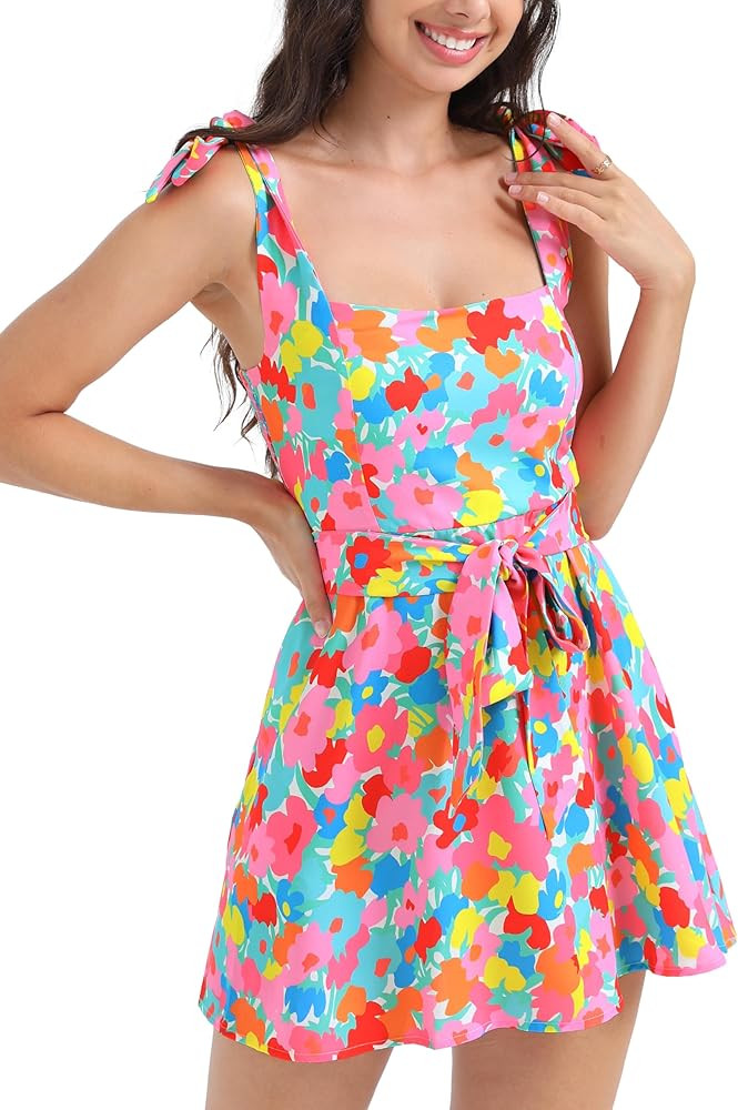 Womens Floral Mini Dress Casual Summer Sleeveless Flower Dresses Square Neck A line Short Dress w... | Amazon (US)
