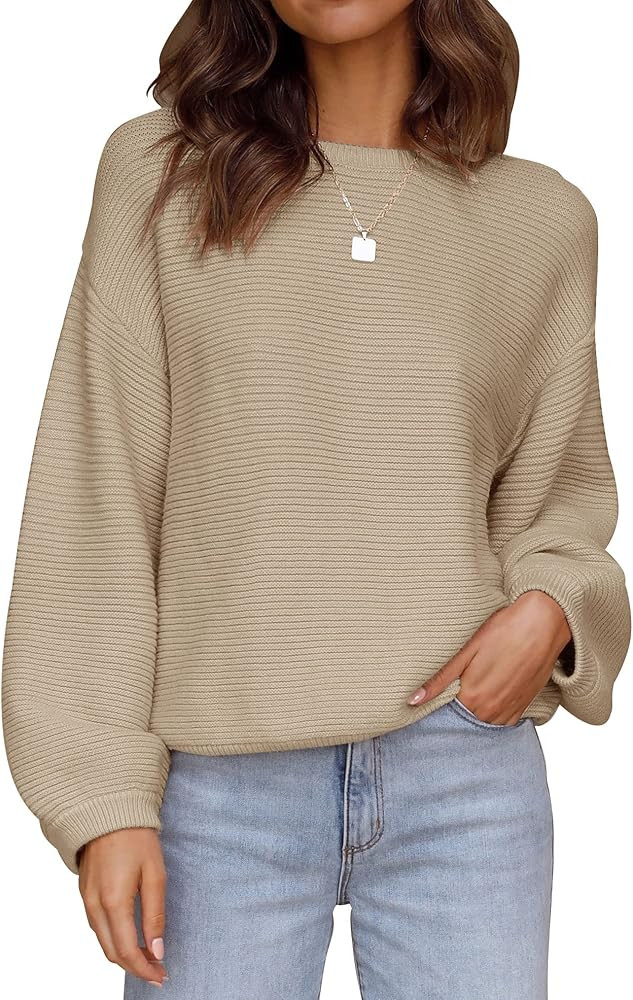 ZESICA Women's 2023 Crew Neck Long Lantern Sleeve Casual Loose Ribbed Knit Solid Soft Pullover Sw... | Amazon (US)