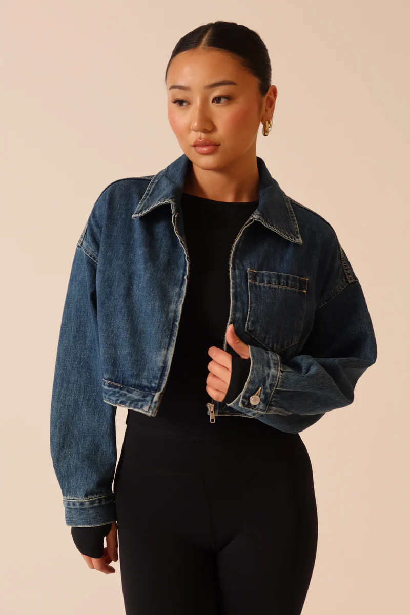 Kyle Cropped Denim Jacket - Dark Blue | MESHKI US
