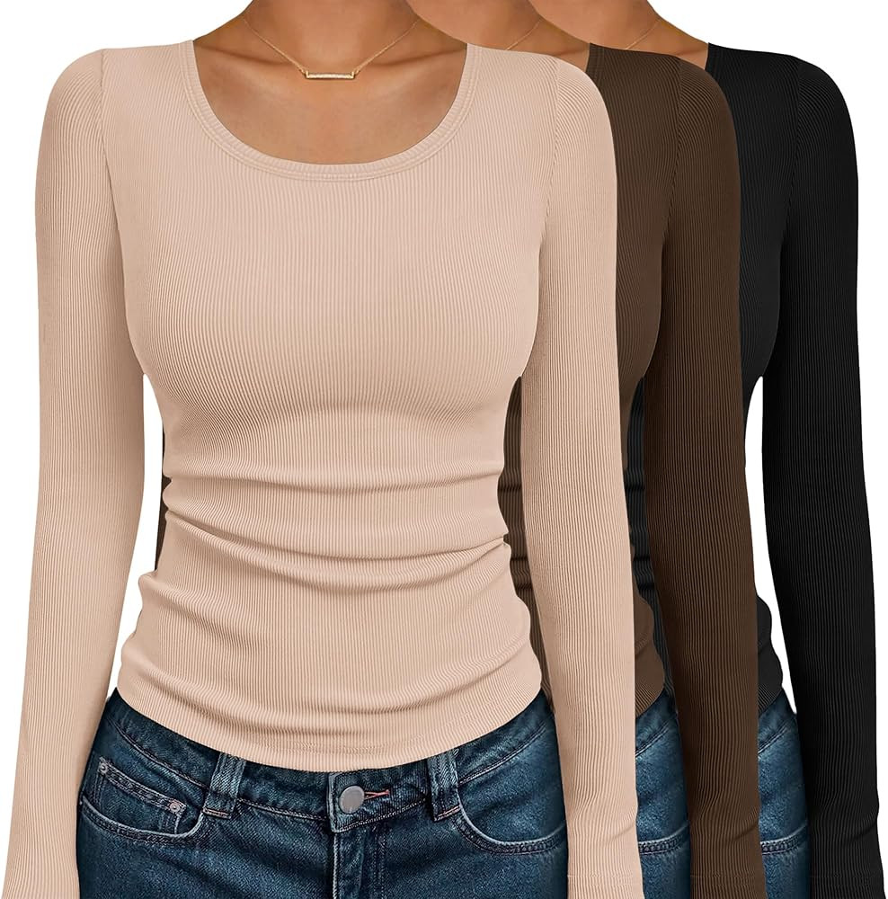 Ekouaer Womens Long Sleeve Shirts 3 Packs Scoop Neck Ribbed Tops Fitted Thermal Undershirt Soft L... | Amazon (US)